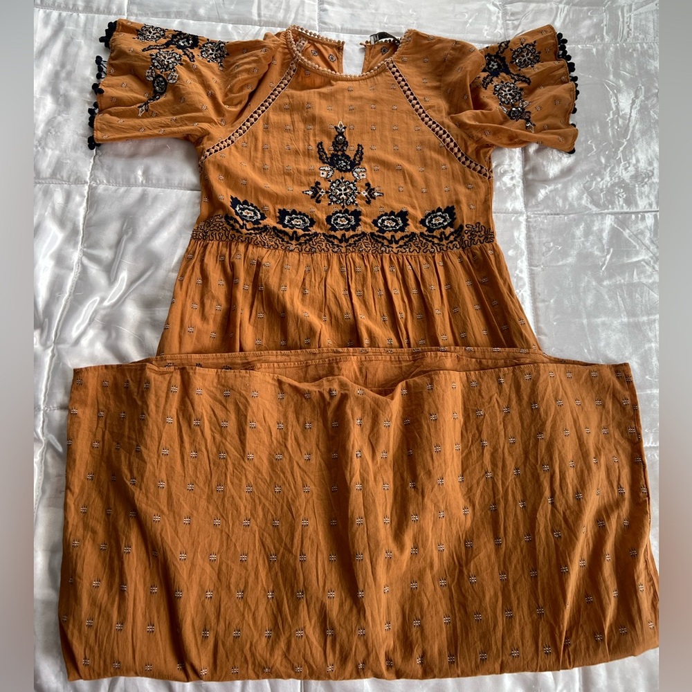 Zara TRF Woman Embroidered Mustard Midi Dress - Picture 9 of 15
